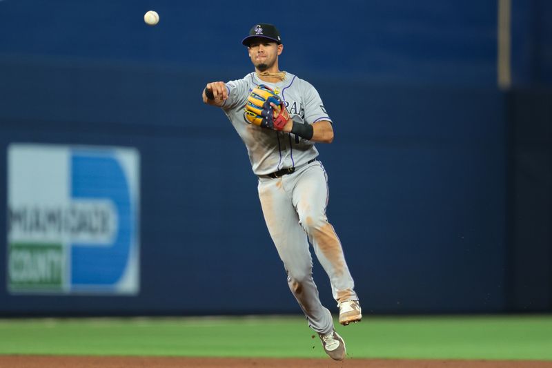 Mar 29, 2026; Miami, Florida, USA; Colorado Rockies shortstop Ezequiel Tovar (14) throws to first base to retire Miami Marlins shortstop Otto Lopez (not pictured) during the sixth inning at loanDepot Park. Mandatory Credit: Sam Navarro-Imagn Images Mar 29, 2026; Miami, Florida, USA; Colorado Rockies shortstop Ezequiel Tovar (14) throws to first base to retire Miami Marlins shortstop Otto Lopez (not pictured) during the sixth inning at loanDepot Park. Mandatory Credit: Sam Navarro-Imagn Images