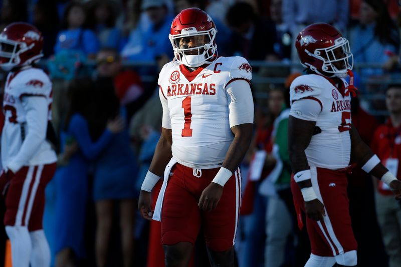 Oct 7, 2023; Oxford, Mississippi, USA; Arkansas Razorbacks quarterback KJ Jefferson (1) warms up prior to the game against the Mississippi Rebels at Vaught-Hemingway Stadium. Mandatory Credit: Petre Thomas-USA TODAY Sports