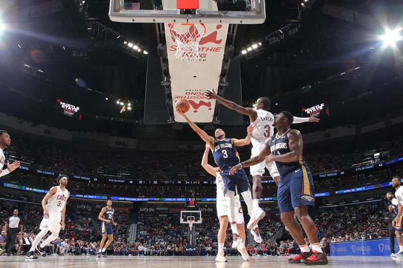 NEW ORLEANS, LA - MARCH 13: CJ McCollum #3 of the New Orleans Pelicans drives to the basket during the game against the Cleveland Cavaliers on March 13, 2024 at the Smoothie King Center in New Orleans, Louisiana. NOTE TO USER: User expressly acknowledges and agrees that, by downloading and or using this Photograph, user is consenting to the terms and conditions of the Getty Images License Agreement. Mandatory Copyright Notice: Copyright 2024 NBAE (Photo by Layne Murdoch Jr./NBAE via Getty Images)