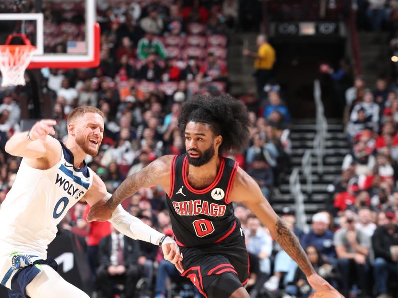 CHICAGO, IL - NOVEMBER 7: Coby White #0 of the Chicago Bulls handles the ball during the game against the Minnesota Timberwolves on November 7, 2024 at United Center in Chicago, Illinois. NOTE TO USER: User expressly acknowledges and agrees that, by downloading and or using this photograph, User is consenting to the terms and conditions of the Getty Images License Agreement. Mandatory Copyright Notice: Copyright 2024 NBAE (Photo by Jeff Haynes/NBAE via Getty Images)