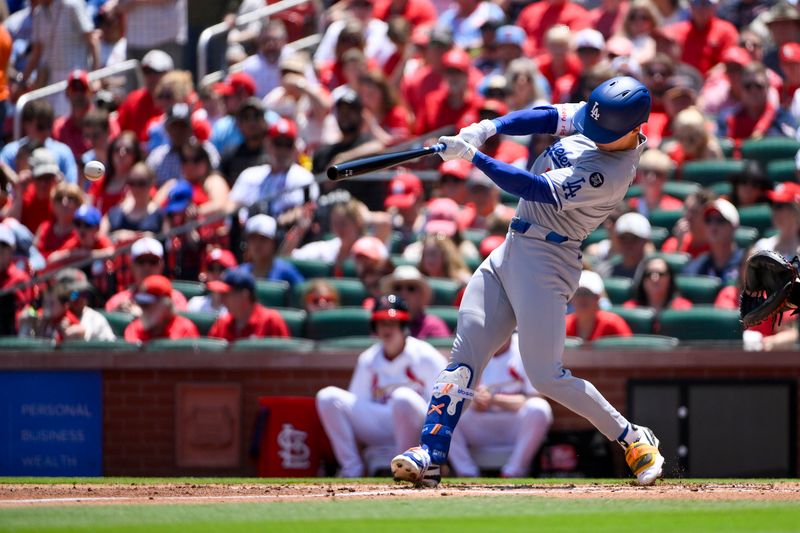 Jun 8, 2025; St. Louis, Missouri, USA;  Los Angeles Dodgers center fielder Hyeseong Kim (6) hits a two run triple against the St. Louis Cardinals during the second inning at Busch Stadium. Mandatory Credit: Jeff Curry-Imagn Images