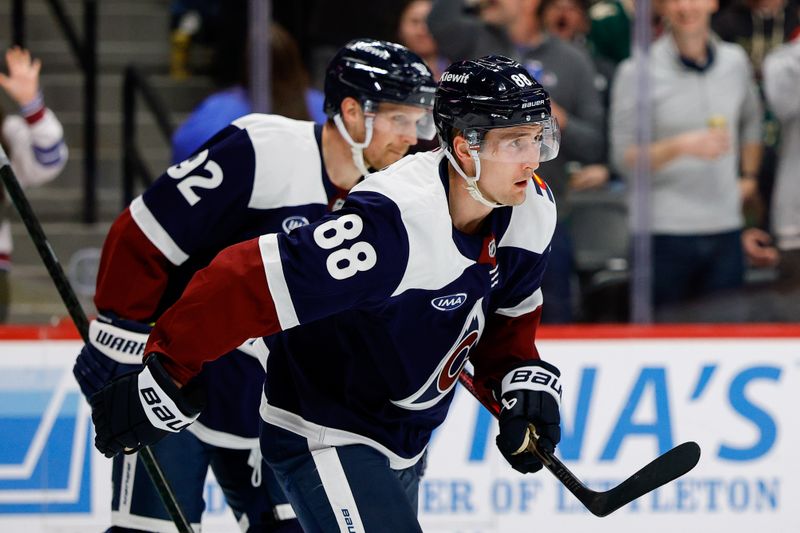 Feb 26, 2026; Denver, Colorado, USA; Colorado Avalanche center Martin Necas (88) after scoring a goal in the second period against the Minnesota Wild at Ball Arena. Mandatory Credit: Isaiah J. Downing-Imagn Images