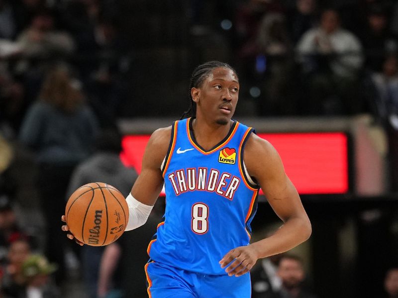 SAN ANTONIO, TX - FEBRUARY 29: Jalen Williams #8 of the Oklahoma City Thunder dribbles the ball during the game against the San Antonio Spurs on February 29, 2024 at the Frost Bank Center in San Antonio, Texas. NOTE TO USER: User expressly acknowledges and agrees that, by downloading and or using this photograph, user is consenting to the terms and conditions of the Getty Images License Agreement. Mandatory Copyright Notice: Copyright 2024 NBAE (Photos by Darren Carroll/NBAE via Getty Images)