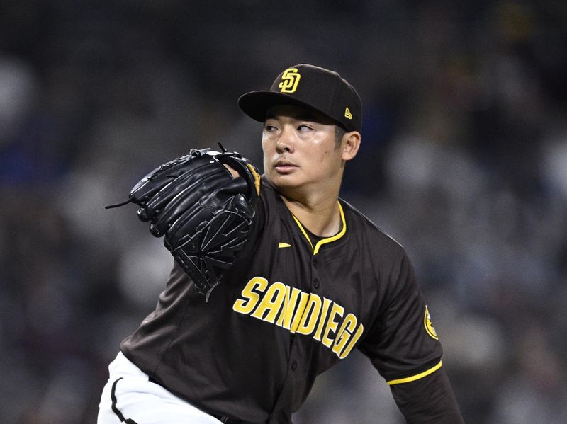 Mar 25, 2024; San Diego, California, USA; San Diego Padres relief pitcher Yuki Matsui (1) throws a pitch against the Seattle Mariners during the eighth inning at Petco Park. Mandatory Credit: Orlando Ramirez-USA TODAY Sports