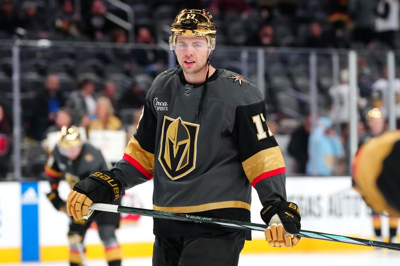 Dec 10, 2023; Las Vegas, Nevada, USA; Vegas Golden Knights defenseman Ben Hutton (17) warms up before the start of a game against the San Jose Sharks at T-Mobile Arena. Mandatory Credit: Stephen R. Sylvanie-USA TODAY Sports