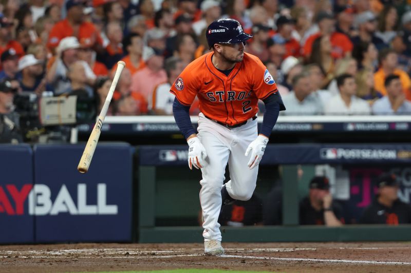 Oct 2, 2024; Houston, Texas, USA; Houston Astros third base Alex Bregman (2) runs after hitting a single against the Detroit Tigers during the second inning of game two of the Wildcard round for the 2024 MLB Playoffs at Minute Maid Park. Mandatory Credit: Thomas Shea-Imagn Images