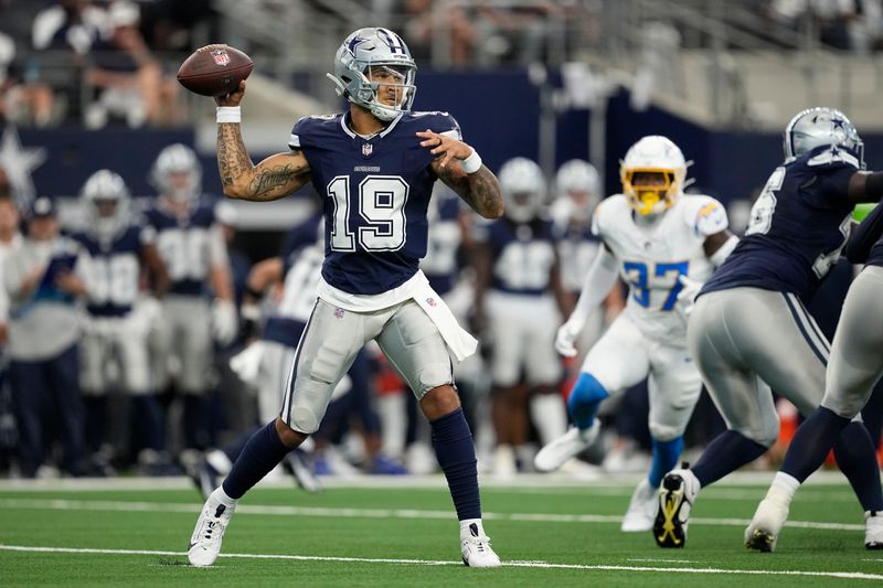 Dallas Cowboys quarterback Trey Lance throws a pass during the first half of a preseason NFL football game against the Los Angeles Chargers, Saturday, Aug. 24, 2024, in Arlington, Texas.(AP Photo/Tony Gutierrez )