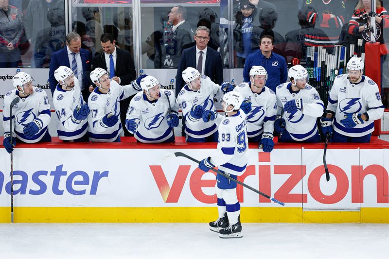Jan 23, 2026; Chicago, Illinois, USA; Tampa Bay Lightning center Gage Goncalves (93) celebrates with teammates after scoring against Chicago Blackhawks goaltender Arvid Soderblom (40) during the shootout at United Center. Mandatory Credit: Kamil Krzaczynski-Imagn Images