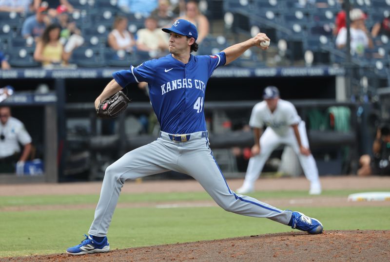 May 1, 2025; St. Petersburg, Florida, USA; Kansas City Royals pitcher Daniel Lynch IV (41) throws a pitch during the seventh inning against the Tampa Bay Rays  at George M. Steinbrenner Field. Mandatory Credit: Kim Klement Neitzel-Imagn Images