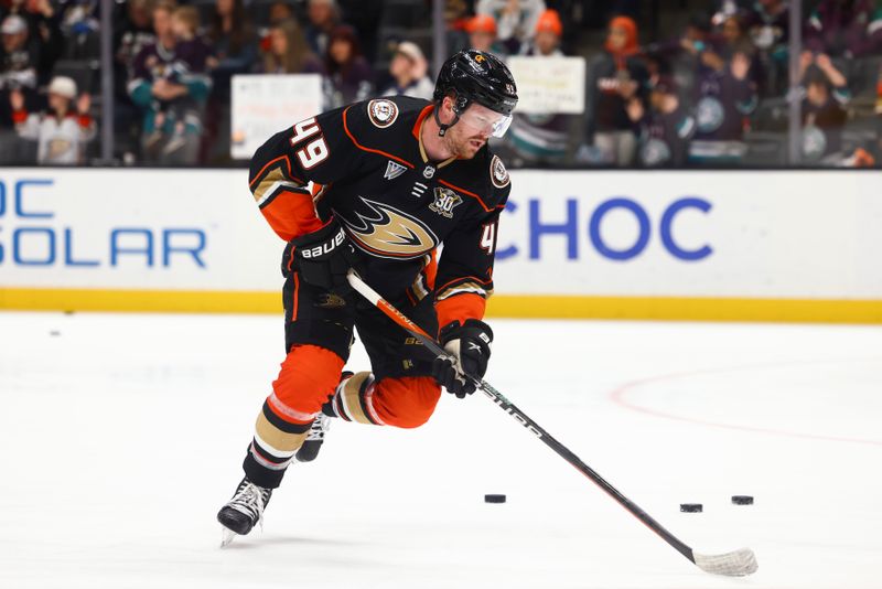 Feb 9, 2024; Anaheim, California, USA; Anaheim Ducks left wing Max Jones (49) warms up before a game against the Edmonton Oilers at Honda Center. Mandatory Credit: Jessica Alcheh-USA TODAY Sports