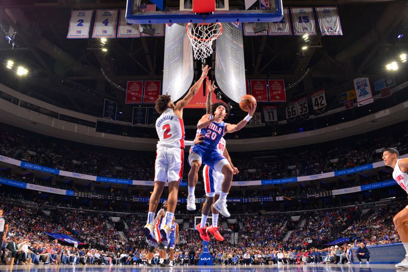 PHILADELPHIA, PA - OCTOBER 30: Jared McCain #20 of the Philadelphia 76ers drives to the basket during the game against the Detroit Pistons on October 30, 2024 at the Wells Fargo Center in Philadelphia, Pennsylvania NOTE TO USER: User expressly acknowledges and agrees that, by downloading and/or using this Photograph, user is consenting to the terms and conditions of the Getty Images License Agreement. Mandatory Copyright Notice: Copyright 2024 NBAE (Photo by Jesse D. Garrabrant/NBAE via Getty Images)