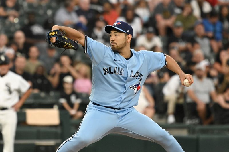 Jul 6, 2023; Chicago, Illinois, USA;  Toronto Blue Jays starting pitcher Yusei Kikuchi (16) delivers against the Chicago White Sox during the first inning at Guaranteed Rate Field. Mandatory Credit: Matt Marton-USA TODAY Sports