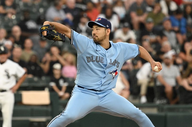 Jul 6, 2023; Chicago, Illinois, USA;  Toronto Blue Jays starting pitcher Yusei Kikuchi (16) delivers against the Chicago White Sox during the first inning at Guaranteed Rate Field. Mandatory Credit: Matt Marton-USA TODAY Sports