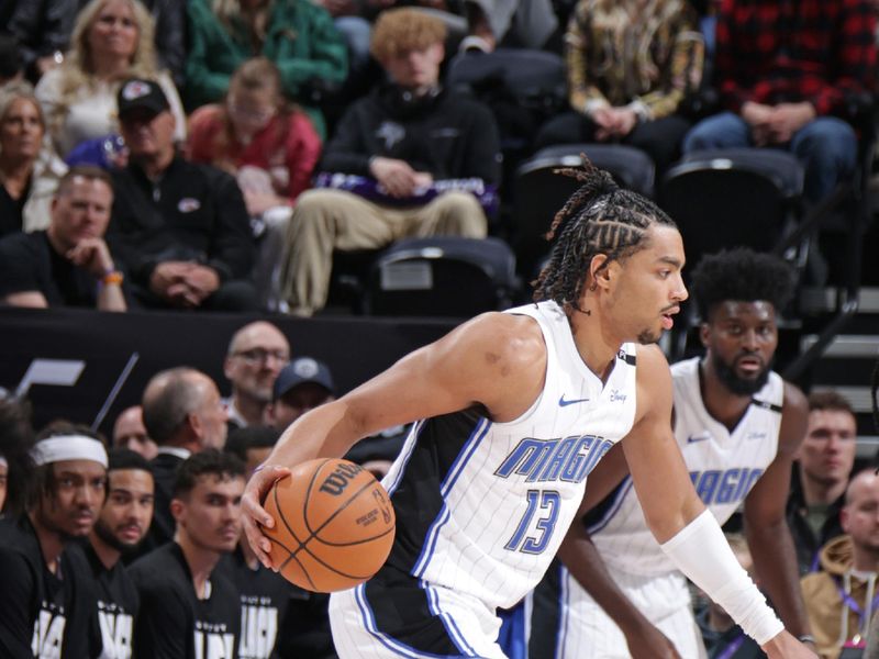 SALT LAKE CITY, UT - FEBRUARY 1: Jett Howard #13 of the Orlando Magic handles the ball during the game against the Utah Jazz on February 1, 2025 at Delta Center in Salt Lake City, Utah. NOTE TO USER: User expressly acknowledges and agrees that, by downloading and or using this Photograph, User is consenting to the terms and conditions of the Getty Images License Agreement. Mandatory Copyright Notice: Copyright 2025 NBAE (Photo by Melissa Majchrzak/NBAE via Getty Images)