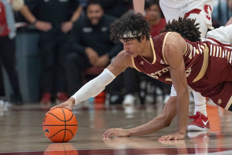 Feb 26, 2025; Stanford, California, USA;  Boston College Eagles guard Dion Brown (1) drives for the ball during the first half against the Stanford Cardinal at Maples Pavilion. Mandatory Credit: Stan Szeto-Imagn Images