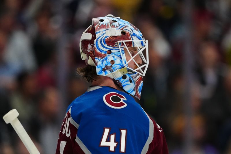 Apr 8, 2025; Denver, Colorado, USA; Colorado Avalanche goaltender Scott Wedgewood (41) during the first period against the Vegas Golden Knights at Ball Arena. Mandatory Credit: Ron Chenoy-Imagn Images