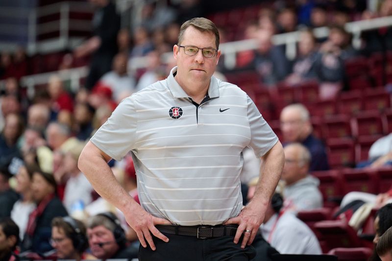 Jan 18, 2024; Stanford, California, USA; Stanford Cardinal head coach Jerod Haase watches the play against the Washington State Cougars during the second half at Maples Pavilion. Mandatory Credit: Robert Edwards-USA TODAY Sports