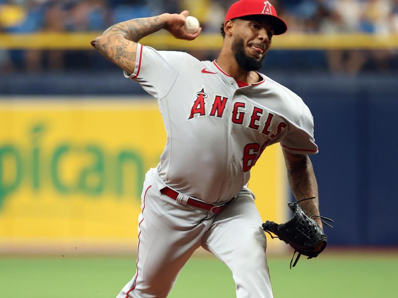 Sep 21, 2023; St. Petersburg, Florida, USA; Los Angeles Angels relief pitcher Jose Marte (68) throws a pitch against the Tampa Bay Rays during the sixth inning at Tropicana Field. Mandatory Credit: Kim Klement Neitzel-USA TODAY Sports