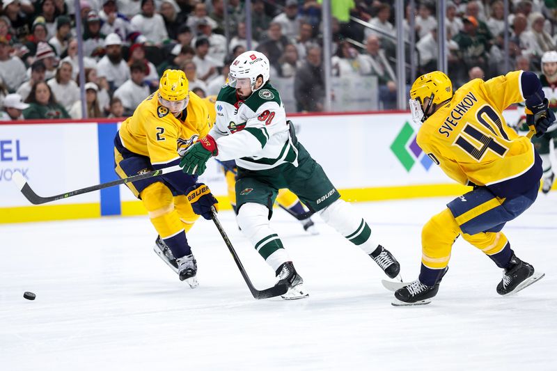 Nov 30, 2024; Saint Paul, Minnesota, USA; Minnesota Wild center Marcus Johansson (90) and Nashville Predators defenseman Luke Schenn (2) compete for the puck during the second period at Xcel Energy Center. Mandatory Credit: Matt Krohn-Imagn Images