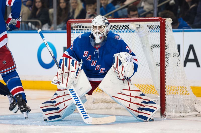 Apr 5, 2026; New York, New York, USA; New York Rangers goalie Igor Shesterkin (31) defends the net against the Washington Capitals during the second period at Madison Square Garden. Mandatory Credit: Danny Wild-Imagn Images Apr 5, 2026; New York, New York, USA; New York Rangers goalie Igor Shesterkin (31) defends the net against the Washington Capitals during the second period at Madison Square Garden. Mandatory Credit: Danny Wild-Imagn Images