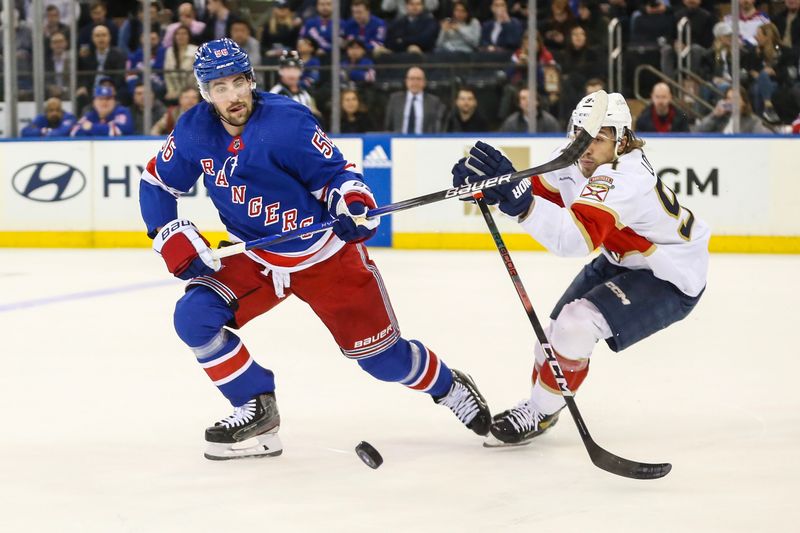 Mar 4, 2024; New York, New York, USA;  New York Rangers defenseman Erik Gustafsson (56) and Florida Panthers left wing Ryan Lomberg (94) chases the puck in the first period at Madison Square Garden. Mandatory Credit: Wendell Cruz-USA TODAY Sports