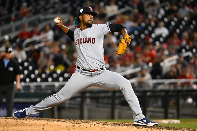 Apr 15, 2023; Washington, District of Columbia, USA; Cleveland Guardians relief pitcher Emmanuel Clase (48) throws to the Washington Nationals during the ninth inning at Nationals Park. Mandatory Credit: Brad Mills-USA TODAY Sports