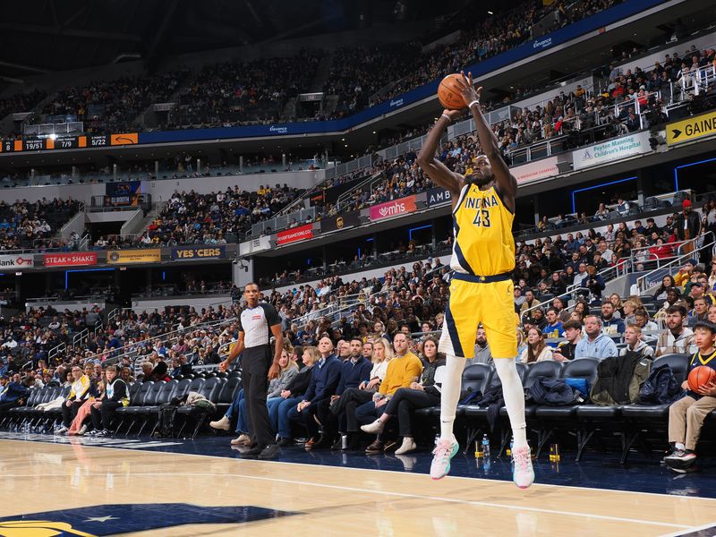 INDIANAPOLIS, IN - JANUARY 10:  Pascal Siakam #43 of the Indiana Pacers shoots a three point basket during the game against the Golden State Warriors on January 10, 2025 at Gainbridge Fieldhouse in Indianapolis, Indiana. NOTE TO USER: User expressly acknowledges and agrees that, by downloading and or using this Photograph, user is consenting to the terms and conditions of the Getty Images License Agreement. Mandatory Copyright Notice: Copyright 2025 NBAE (Photo by Ron Hoskins/NBAE via Getty Images)