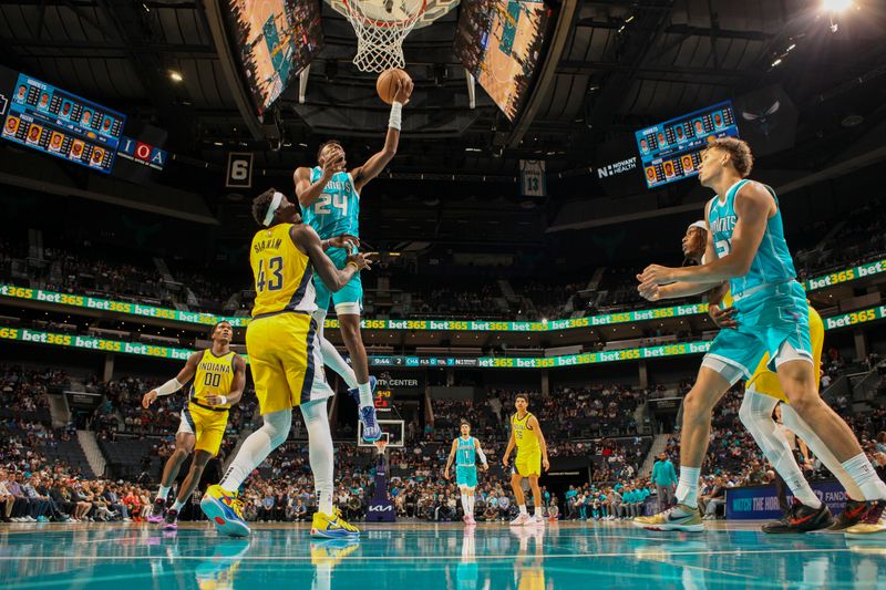 CHARLOTTE, NC - NOVEMBER 8:  Brandon Miller #24 of the Charlotte Hornets shoots the ball during the game against the Indiana Pacers on November 8, 2024 at Spectrum Center in Charlotte, North Carolina. NOTE TO USER: User expressly acknowledges and agrees that, by downloading and or using this photograph, User is consenting to the terms and conditions of the Getty Images License Agreement. Mandatory Copyright Notice: Copyright 2024 NBAE (Photo by Kent Smith/NBAE via Getty Images)