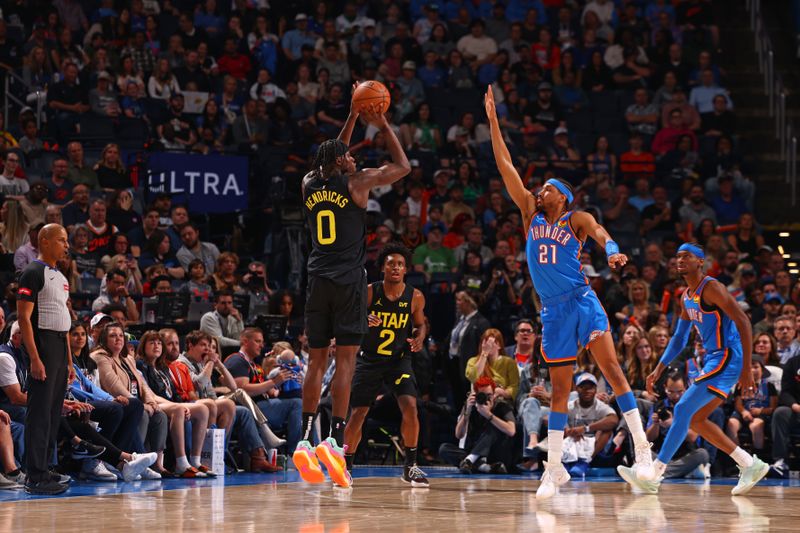 OKLAHOMA CITY, OK - MARCH 20:  Taylor Hendricks #0 of the Utah Jazz shoots the ball during the game against the Oklahoma City Thunder on March 20, 2024 at Paycom Arena in Oklahoma City, Oklahoma. NOTE TO USER: User expressly acknowledges and agrees that, by downloading and or using this photograph, User is consenting to the terms and conditions of the Getty Images License Agreement. Mandatory Copyright Notice: Copyright 2024 NBAE (Photo by Zach Beeker/NBAE via Getty Images)