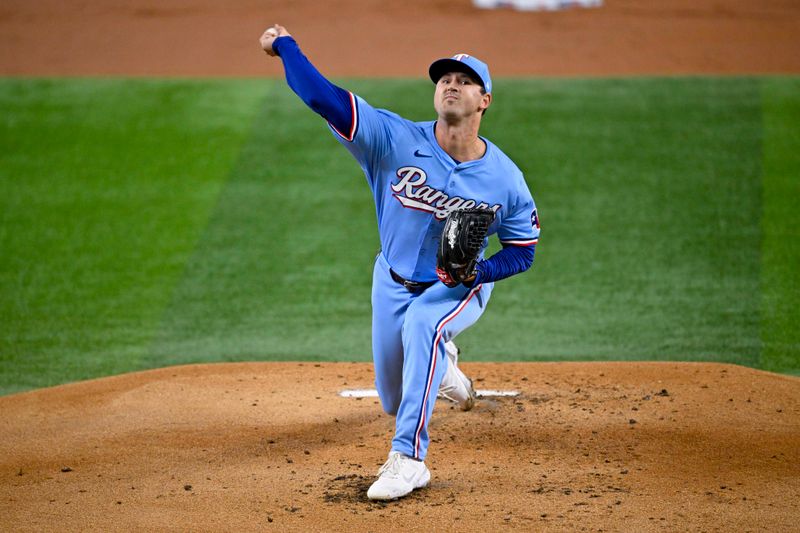 Aug 18, 2024; Arlington, Texas, USA; Texas Rangers starting pitcher Tyler Mahle (51) pitches against the Minnesota Twins during the first inning at Globe Life Field. Mandatory Credit: Jerome Miron-USA TODAY Sports