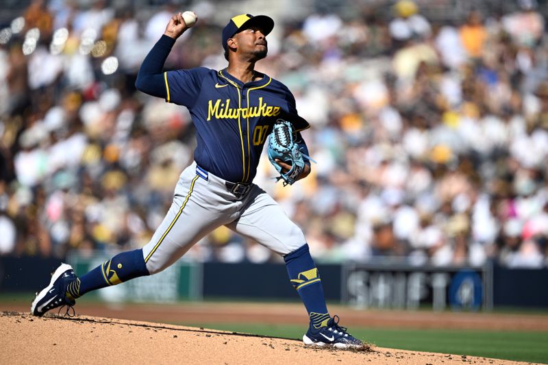 Jun 22, 2024; San Diego, California, USA; Milwaukee Brewers starting pitcher Carlos Rodriguez (00) pitches against the San Diego Padres during the first inning at Petco Park. Mandatory Credit: Orlando Ramirez-USA TODAY Sports