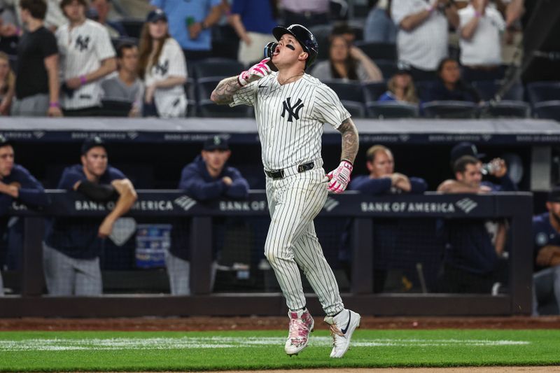 May 22, 2024; Bronx, New York, USA;  New York Yankees left fielder Alex Verdugo (24) gestures after hitting a two-run home run in the eighth inning against the Seattle Mariners at Yankee Stadium. Mandatory Credit: Wendell Cruz-USA TODAY Sports