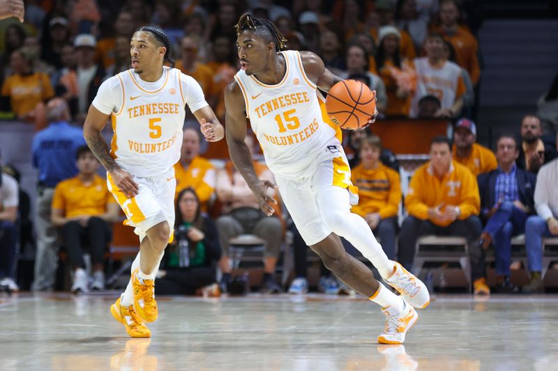 Feb 25, 2023; Knoxville, Tennessee, USA; Tennessee Volunteers guard Jahmai Mashack (15) brings the ball up court against the South Carolina Gamecocks during the first half at Thompson-Boling Arena. Mandatory Credit: Randy Sartin-USA TODAY Sports