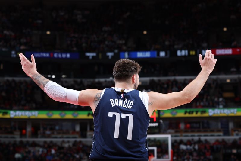 CHICAGO, IL - MARCH 11: Luka Doncic #77 of the Dallas Mavericks looks on during the game against the Chicago Bulls on March 11, 2024 at United Center in Chicago, Illinois. NOTE TO USER: User expressly acknowledges and agrees that, by downloading and or using this photograph, User is consenting to the terms and conditions of the Getty Images License Agreement. Mandatory Copyright Notice: Copyright 2024 NBAE (Photo by Jeff Haynes/NBAE via Getty Images)