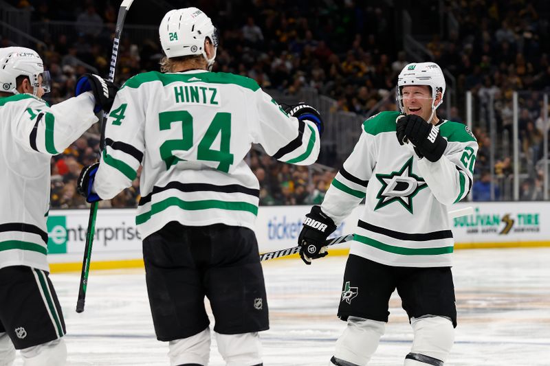 Feb 19, 2024; Boston, Massachusetts, USA; Dallas Stars defenseman Ryan Suter (20) celebrates his goal against the Boston Bruins with center Roope Hintz (24) during the second period at TD Garden. Mandatory Credit: Winslow Townson-USA TODAY Sports