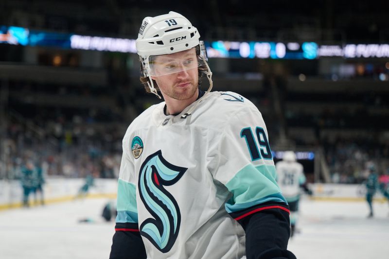 Nov 29, 2024; San Jose, California, USA; Seattle Kraken left wing Jared McCann (19) warms up on the ice before the game against the San Jose Sharks at SAP Center at San Jose. Mandatory Credit: Robert Edwards-Imagn Images