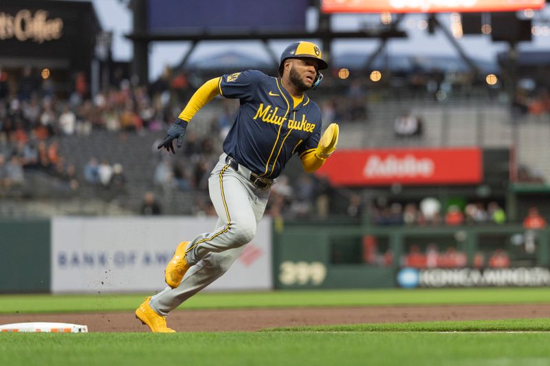 Sep 10, 2024; San Francisco, California, USA;  Milwaukee Brewers outfielder Jackson Chourio (11) runs past third base during the first inning against the San Francisco Giants at Oracle Park. Mandatory Credit: Stan Szeto-Imagn Images