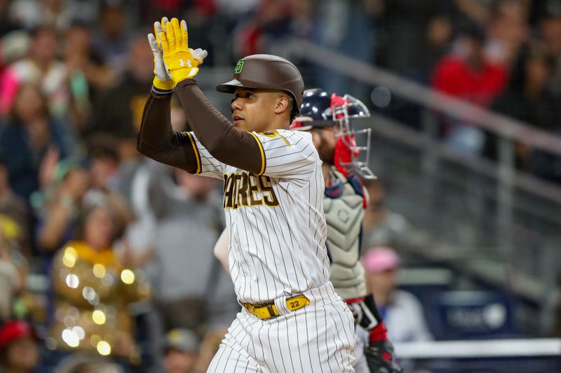 May 20, 2023; San Diego, California, USA;  San Diego Padres left fielder Juan Soto (22) celebrates after hitting a one run home run in the second inning against the Boston Red Sox at Petco Park. Mandatory Credit: David Frerker-USA TODAY Sports