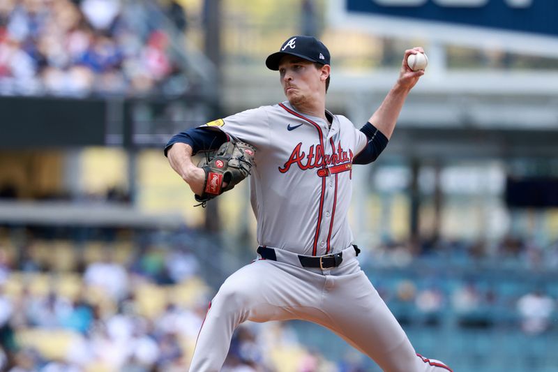 May 5, 2024; Los Angeles, California, USA;  Atlanta Braves pitcher Max Fried (54) pitches during the second inning against the Los Angeles Dodgers at Dodger Stadium. Mandatory Credit: Kiyoshi Mio-USA TODAY Sports