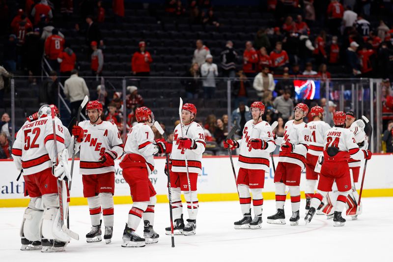 Jan 5, 2024; Washington, District of Columbia, USA; Carolina Hurricanes goaltender Pyotr Kochetkov (52) celebrates with teammates after their game against the Washington Capitals at Capital One Arena. Mandatory Credit: Geoff Burke-USA TODAY Sports