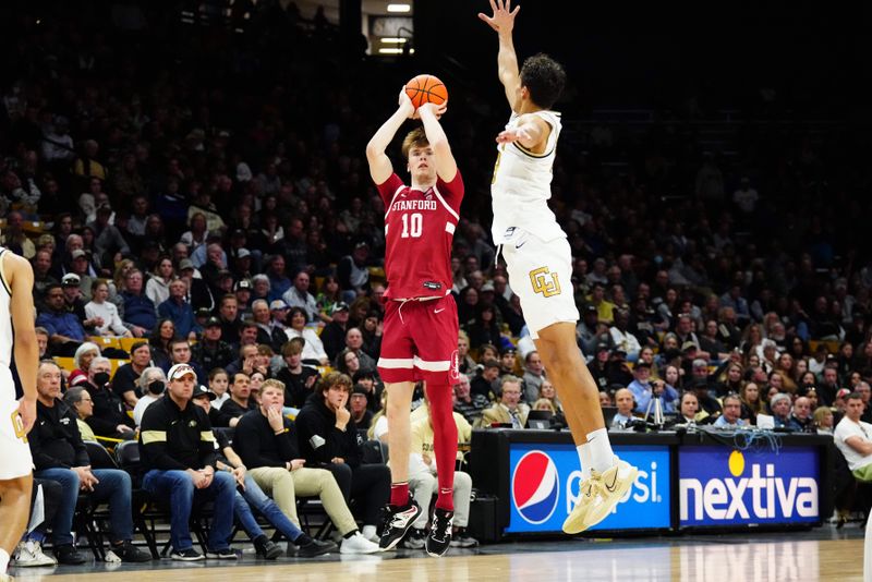 Feb 5, 2023; Boulder, Colorado, USA; Stanford Cardinal forward Max Murrell (10) shoots over Colorado Buffaloes forward Tristan da Silva (23) in the second half at the CU Events Center. Mandatory Credit: Ron Chenoy-USA TODAY Sports