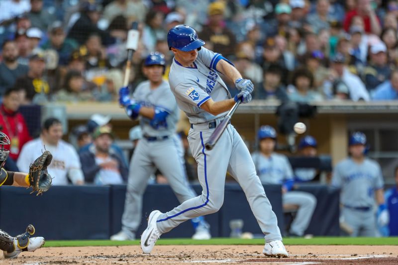 May 16, 2023; San Diego, California, USA; Kansas City Royals second baseman Matt Duffy (15) hits an RBI single against the San Diego Padres during the second inning at Petco Park. Mandatory Credit: David Frerker-USA TODAY Sports