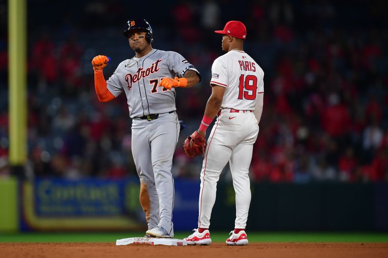 May 1, 2025; Anaheim, California, USA; Detroit Tigers third baseman Andy Ibanez (77) reacts after hitting an RBI single against the Los Angeles Angels during the eighth inning at Angel Stadium. Mandatory Credit: Gary A. Vasquez-Imagn Images