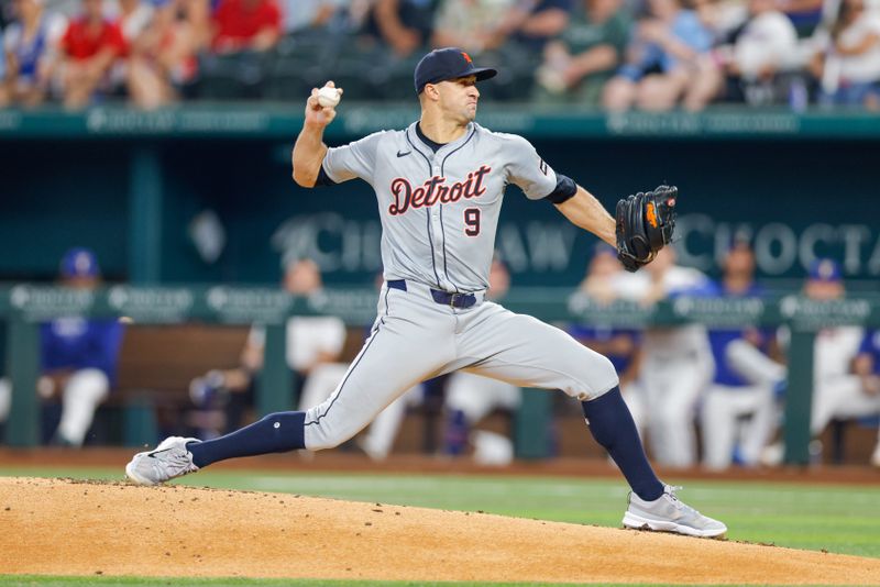 Jun 4, 2024; Arlington, Texas, USA; Detroit Tigers pitcher Jack Flaherty (9) throws during the first inning against the Texas Rangers at Globe Life Field. Mandatory Credit: Andrew Dieb-USA TODAY Sports