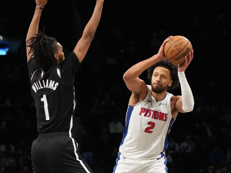 BROOKLYN, NY - NOVEMBER 3: Cade Cunningham #2 of the Detroit Pistons passes the ball during the game against the Brooklyn Nets on November 3, 2024 at Barclays Center in Brooklyn, New York. NOTE TO USER: User expressly acknowledges and agrees that, by downloading and or using this Photograph, user is consenting to the terms and conditions of the Getty Images License Agreement. Mandatory Copyright Notice: Copyright 2024 NBAE (Photo by Jesse D. Garrabrant/NBAE via Getty Images)