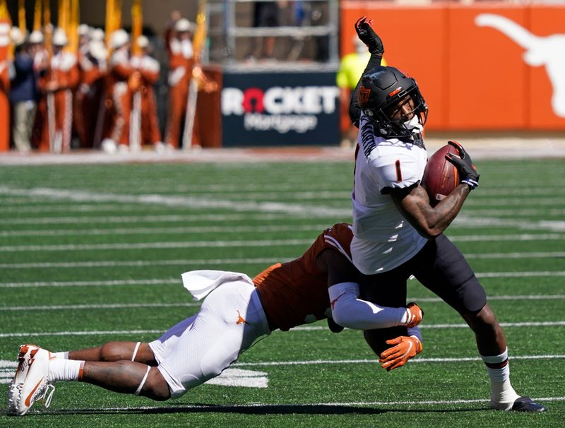 Oct 16, 2021; Austin, Texas, USA; Oklahoma State Cowboys X in first half of the game against the Texas Longhorns at Darrell K Royal-Texas Memorial Stadium. Mandatory Credit: Scott Wachter-USA TODAY Sports