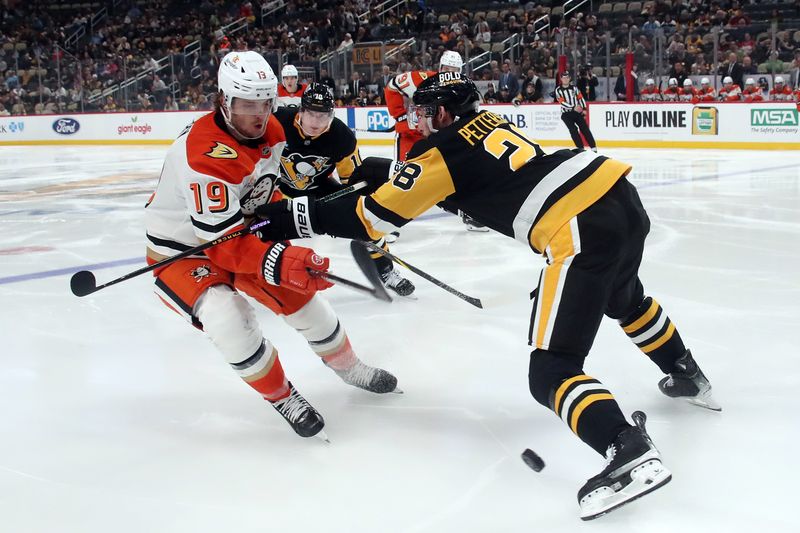 Oct 31, 2024; Pittsburgh, Pennsylvania, USA;  Pittsburgh Penguins defenseman Marcus Pettersson (28) defends against Anaheim Ducks right wing Troy Terry (19) during the second period at PPG Paints Arena. Mandatory Credit: Charles LeClaire-Imagn Images