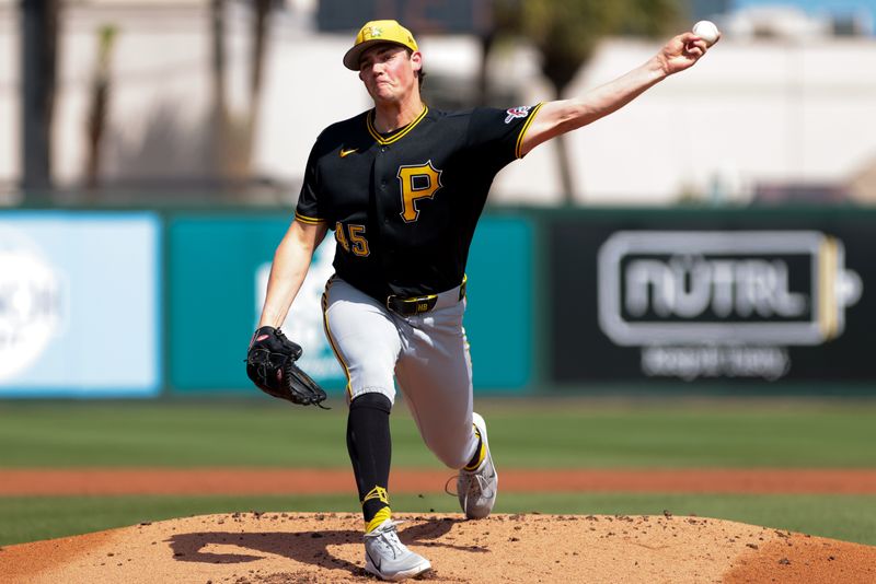 Mar 1, 2026; Jupiter, Florida, USA; Pittsburgh Pirates starting pitcher Hunter Barco (45) warms up before the first inning against the St. Louis Cardinals at Roger Dean Chevrolet Stadium. Mandatory Credit: Sam Navarro-Imagn Images