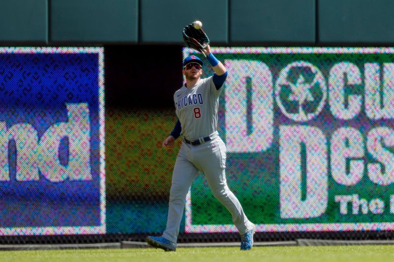 Sep 1, 2023; Cincinnati, Ohio, USA; Chicago Cubs left fielder Ian Happ (8) catches a pop up hit by Cincinnati Reds second baseman Spencer Steer (not pictured) in the third inning at Great American Ball Park. Mandatory Credit: Katie Stratman-USA TODAY Sports