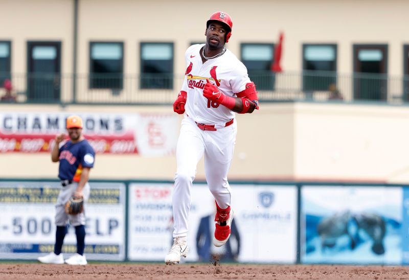 Mar 7, 2024; Jupiter, Florida, USA; St. Louis Cardinals right fielder Jordan Walker (18) circles the bases on his home run against the Houston Astros in the second inning at Roger Dean Chevrolet Stadium. Mandatory Credit: Rhona Wise-USA TODAY Sports